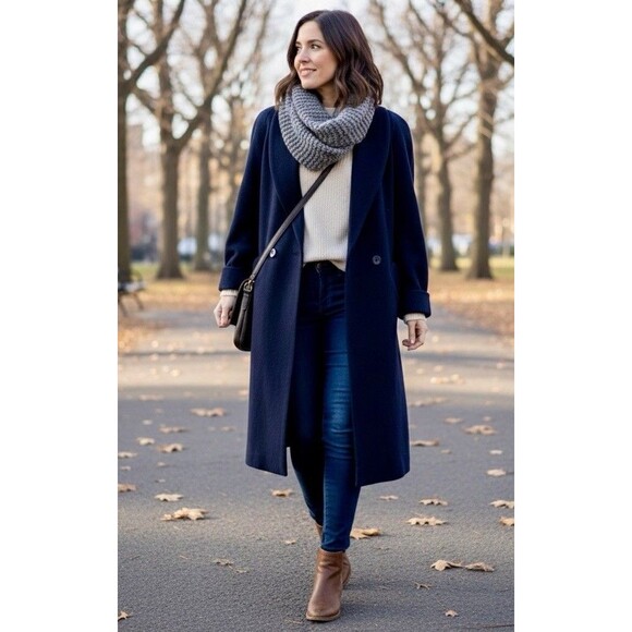 Women’s Navy Wool Coat Long Oversized Shawl Collar Double Breasted Sz12 Petite - Picture 2 of 10